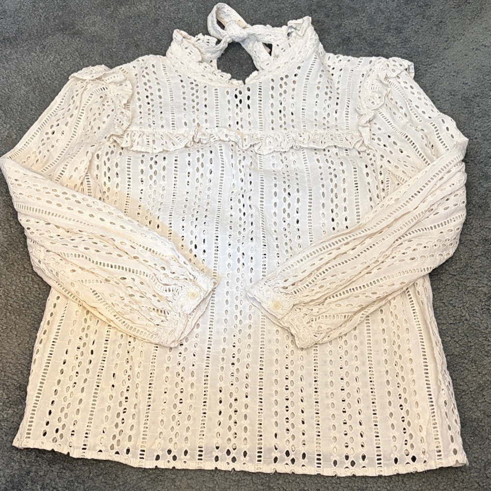 Madewell Cream Eyelet High-Neck Ruffle Blouse